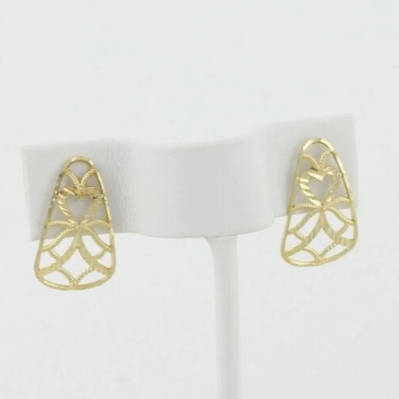 14k Yellow Gold Heart Bow Filigree Earrings Stud Post - Picture 1 of 8